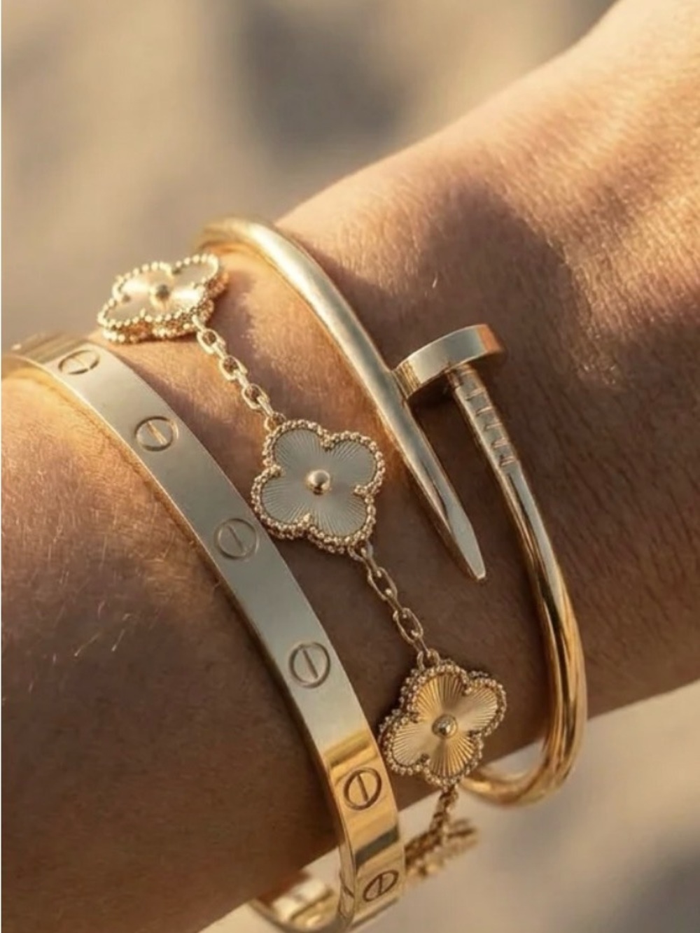 Gold-Tone stack bracelets Triple Seal surgical steel 18k gold molecular bond